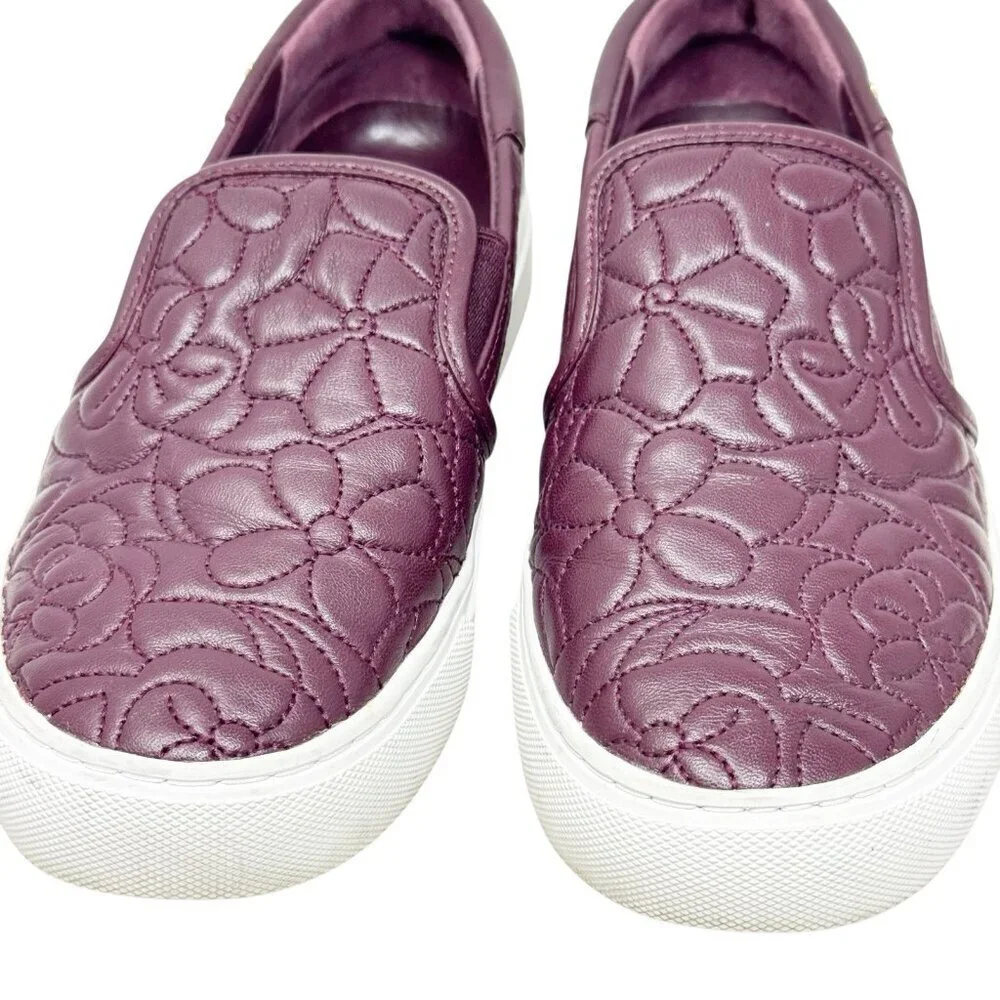 Tory Burch Sela Burgundy Floral Quilted Leather Slip On Sneakers size 6